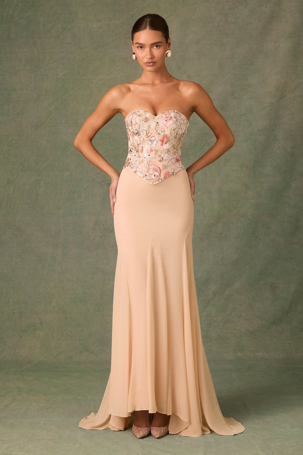 Çiçekli Bej Taşlı Korse Balık Kuyruğu Elbisesi