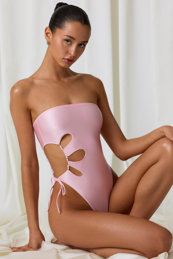 Soft Pembe İnci Detaylı Kesik Bandeau Mayo