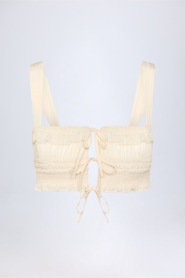 Fildişi Rengi Önden Bağlamalı Fırfırlı Crop Top