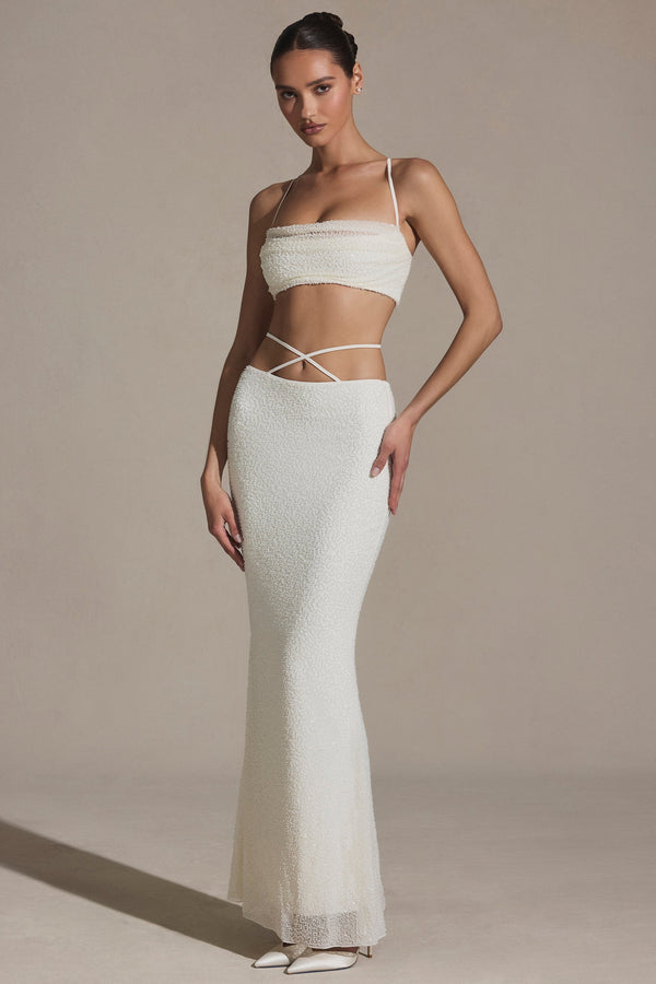 Beyaz İşlemeli Strappy Maxi Etek