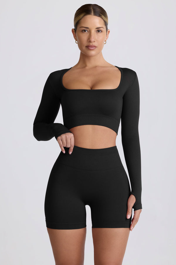 Siyah Super Sculpt Dikişsiz Uzun Kollu Crop Top
