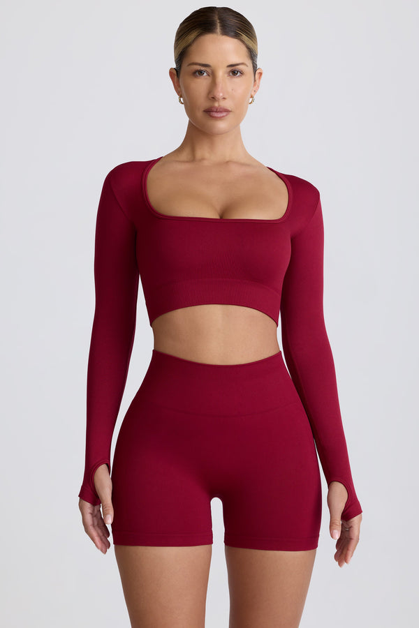 Bordo Renginde Süper Şekillendirici Dikişsiz Uzun Kollu Crop Top