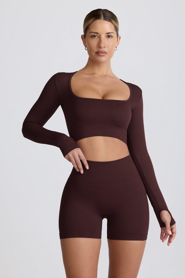 Süper Şekillendirici Dikişsiz Uzun Kollu Çikolata Rengi Crop Top